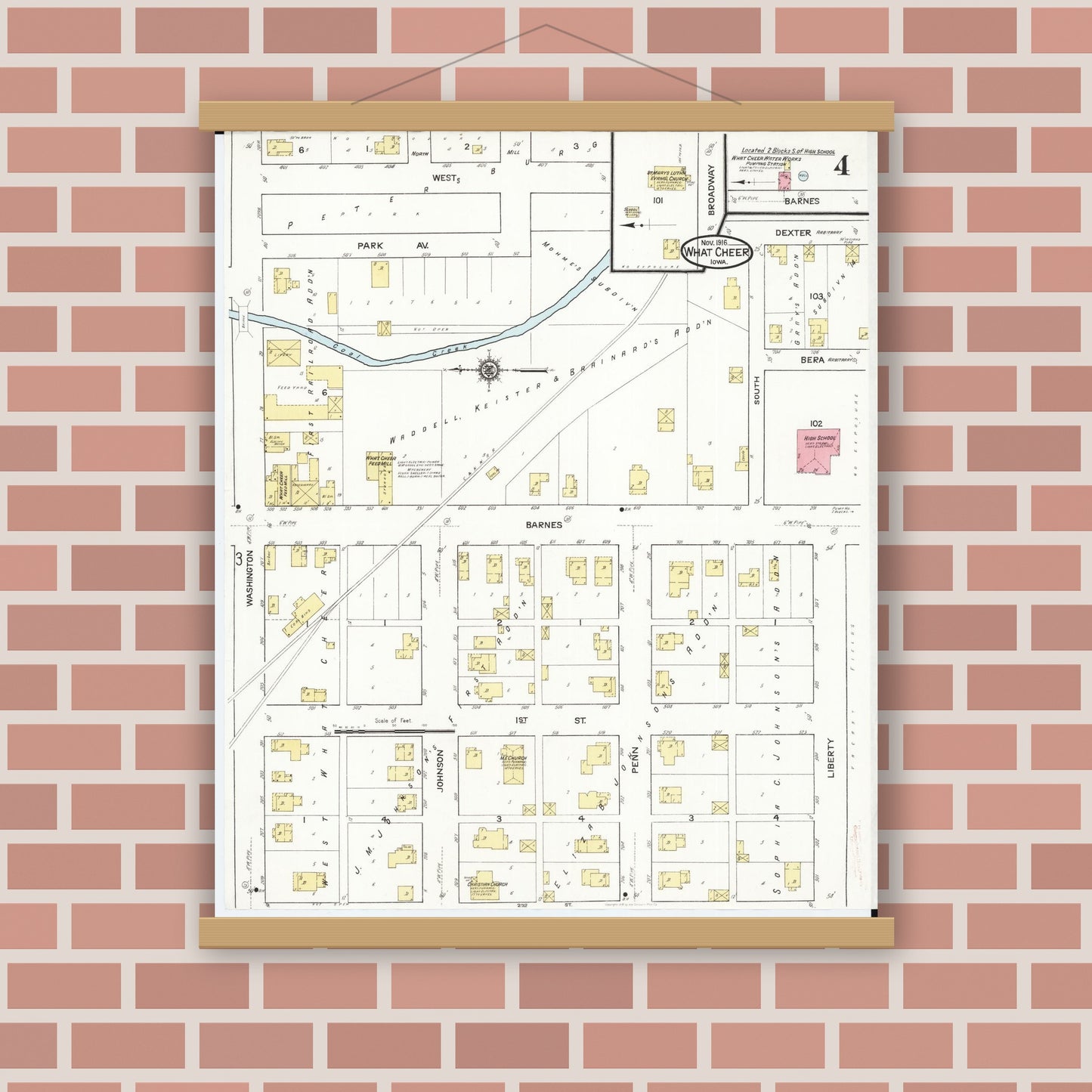 Old map wall art mockup — magnetic wood frame on brick wall — Sanborn Fire Insurance Map from What Cheer, Keokuk County, Iowa (1916), Sheet #0004