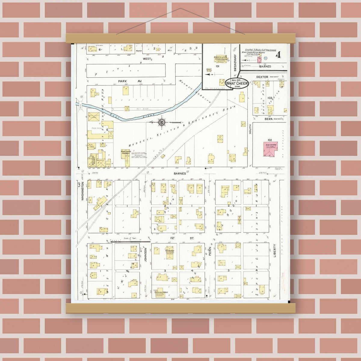 Old map wall art mockup — magnetic wood frame on brick wall — Sanborn Fire Insurance Map from What Cheer, Keokuk County, Iowa (1916), Sheet #0004