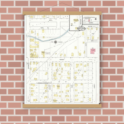 Old map wall art mockup — magnetic wood frame on brick wall — Sanborn Fire Insurance Map from What Cheer, Keokuk County, Iowa (1916), Sheet #0004