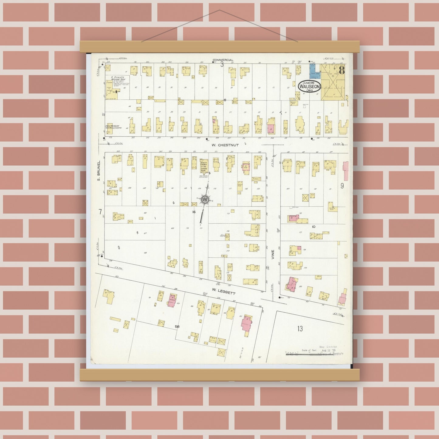 Old map wall art mockup — magnetic wood frame on brick wall — Sanborn Fire Insurance Map from Wauseon, Fulton County, Ohio (1916), Sheet #0008