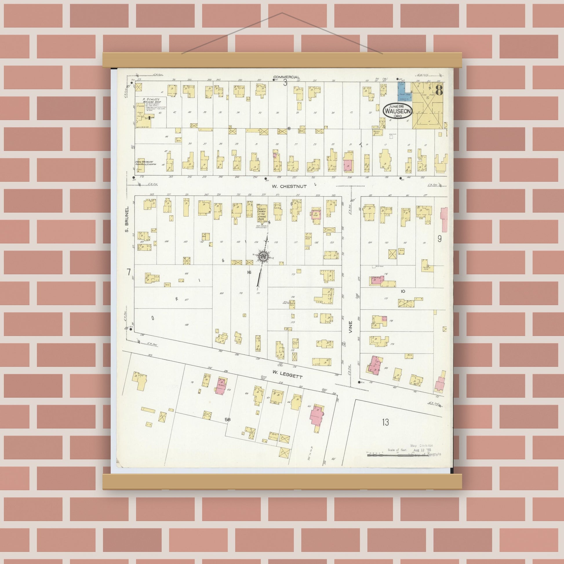 Old map wall art mockup — magnetic wood frame on brick wall — Sanborn Fire Insurance Map from Wauseon, Fulton County, Ohio (1916), Sheet #0008