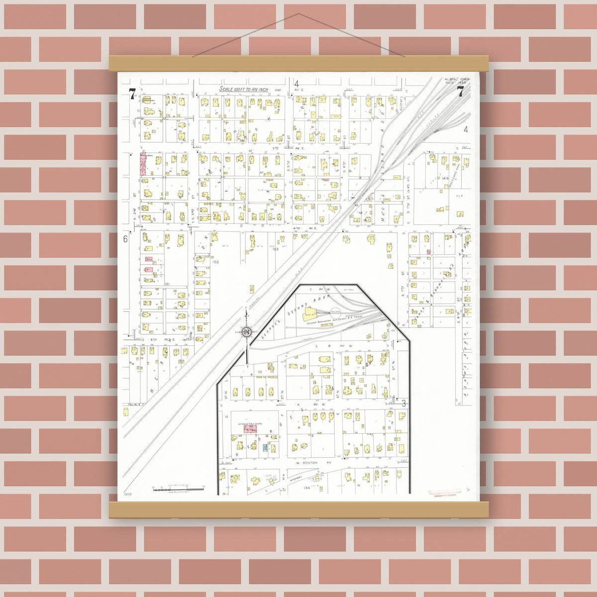 Old map wall art mockup — magnetic wood frame on brick wall — Sanborn Fire Insurance Map from Albia, Monroe County, Iowa (1933), Sheet #0007