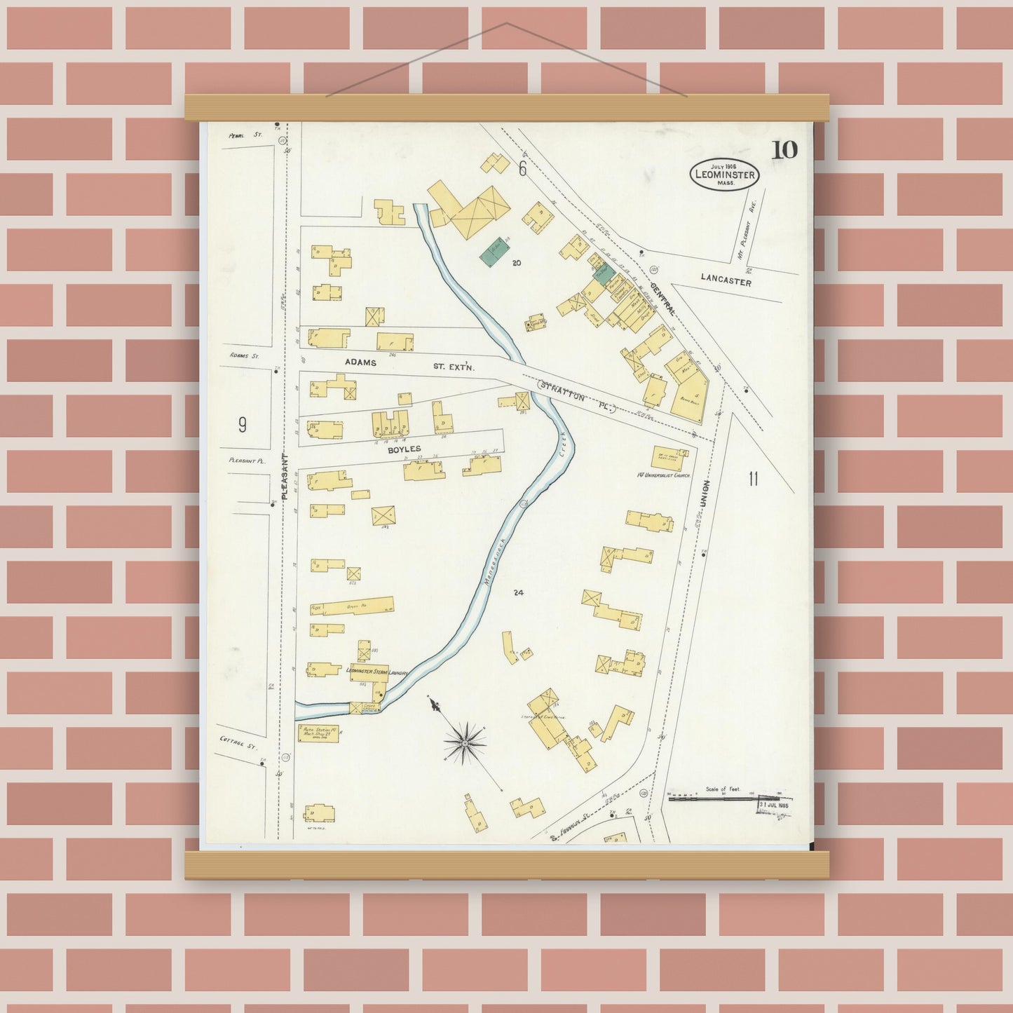 Old map wall art mockup — magnetic wood frame on brick wall — Sanborn Fire Insurance Map from Leominster, Worcester County, Massachusetts (1906), Sheet #0010