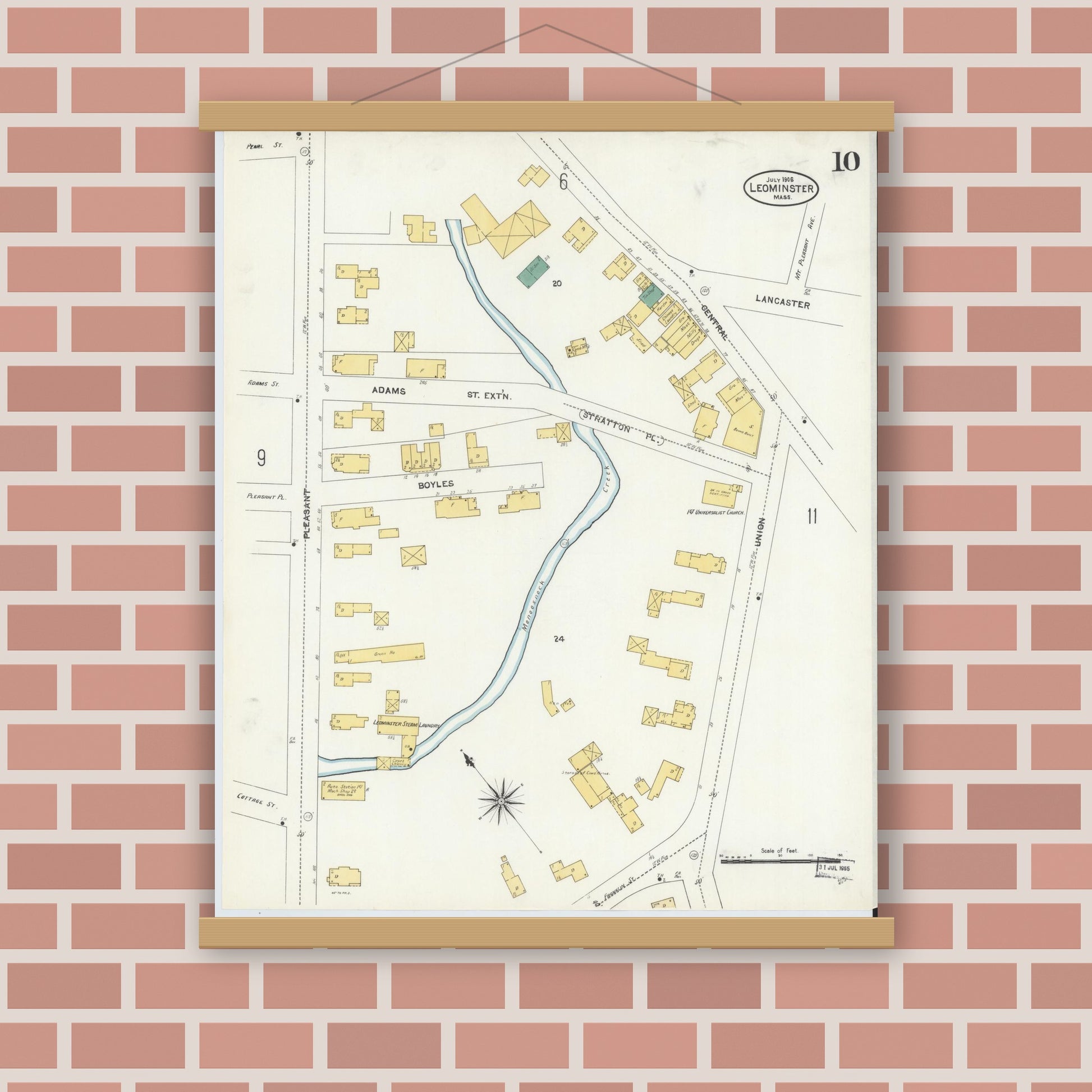 Old map wall art mockup — magnetic wood frame on brick wall — Sanborn Fire Insurance Map from Leominster, Worcester County, Massachusetts (1906), Sheet #0010