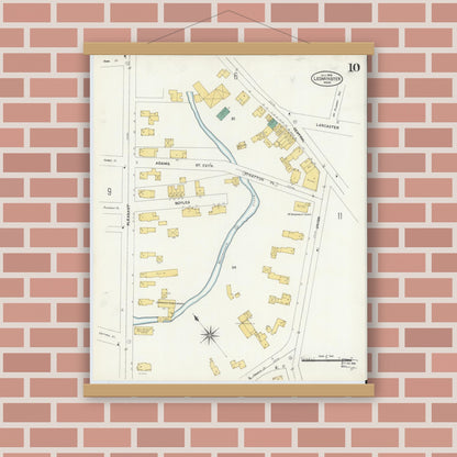 Old map wall art mockup — magnetic wood frame on brick wall — Sanborn Fire Insurance Map from Leominster, Worcester County, Massachusetts (1906), Sheet #0010