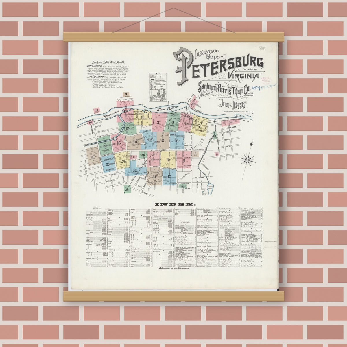 Old map wall art mockup — magnetic wood frame on brick wall — Sanborn Fire Insurance Map from Petersburg, Independent Cities, Virginia (1897), Sheet #0001