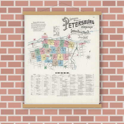 Old map wall art mockup — magnetic wood frame on brick wall — Sanborn Fire Insurance Map from Petersburg, Independent Cities, Virginia (1897), Sheet #0001