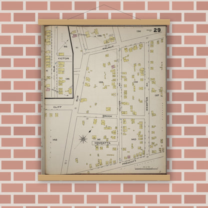 Old map wall art mockup — magnetic wood frame on brick wall — Sanborn Fire Insurance Map from Yonkers, Westchester County, New York (1886), Sheet #0029