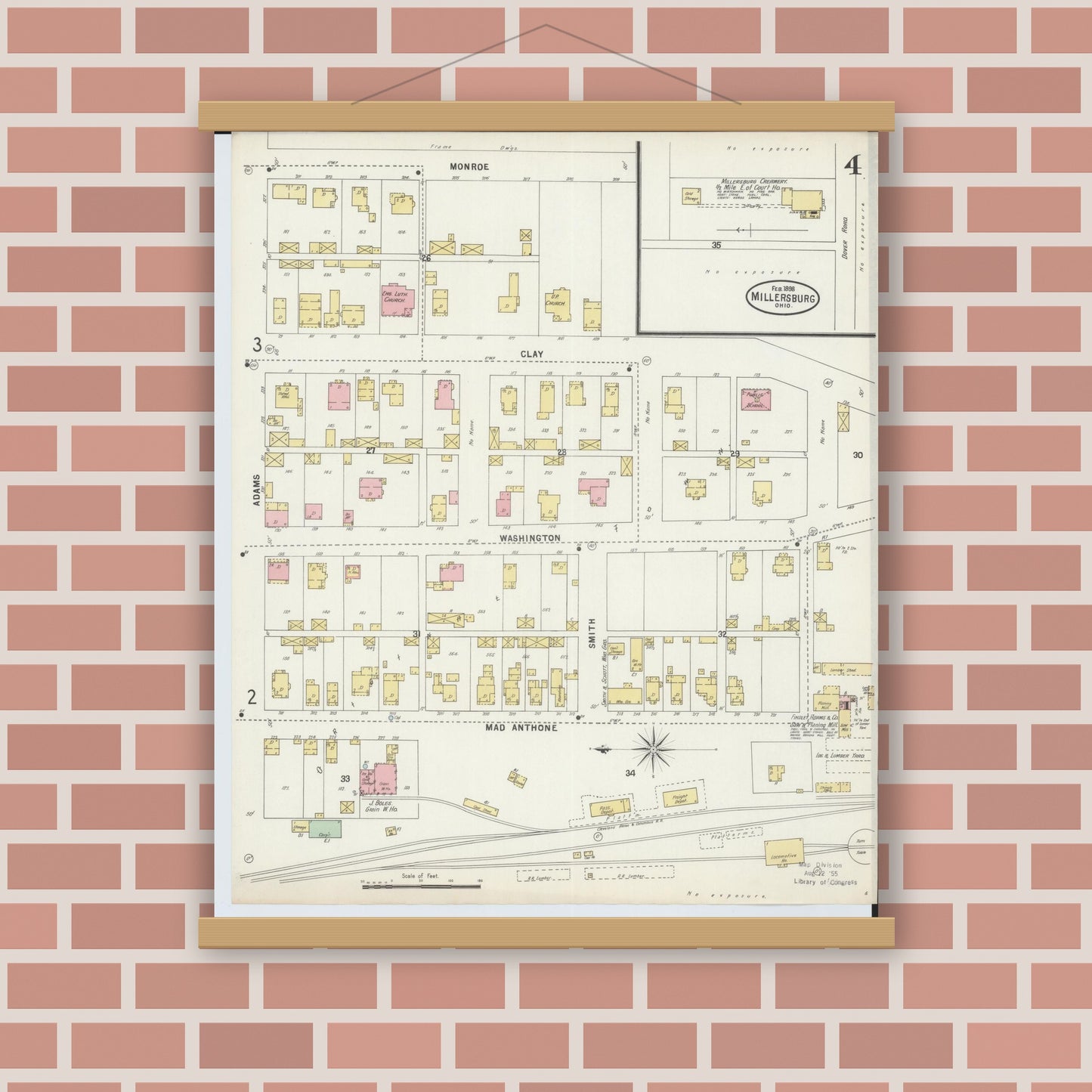 Old map wall art mockup — magnetic wood frame on brick wall — Sanborn Fire Insurance Map from Millersburg, Holmes County, Ohio (1898), Sheet #0004