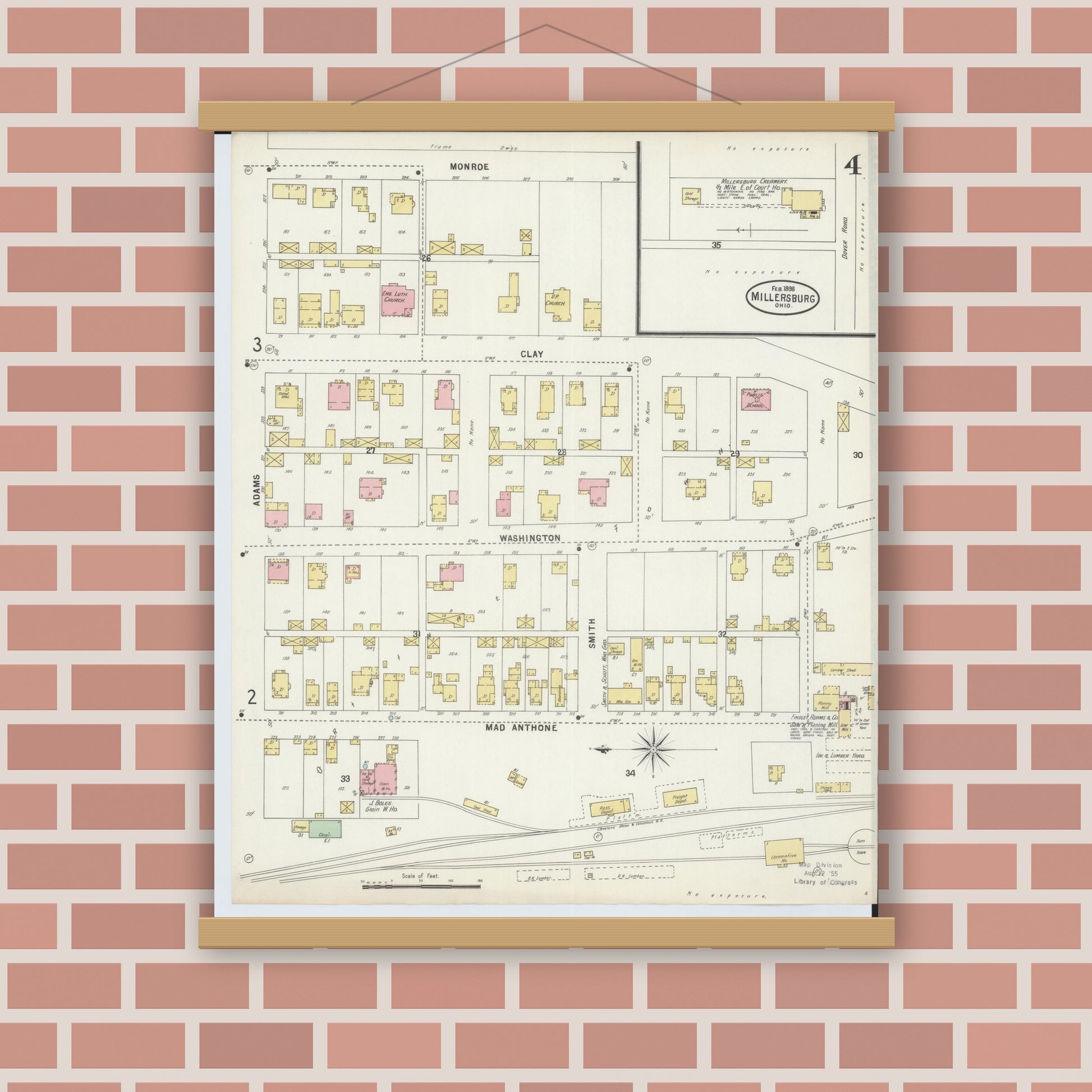 Old map wall art mockup — magnetic wood frame on brick wall — Sanborn Fire Insurance Map from Millersburg, Holmes County, Ohio (1898), Sheet #0004