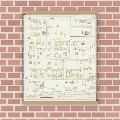 Old map wall art mockup — magnetic wood frame on brick wall — Sanborn Fire Insurance Map from Millersburg, Holmes County, Ohio (1898), Sheet #0004