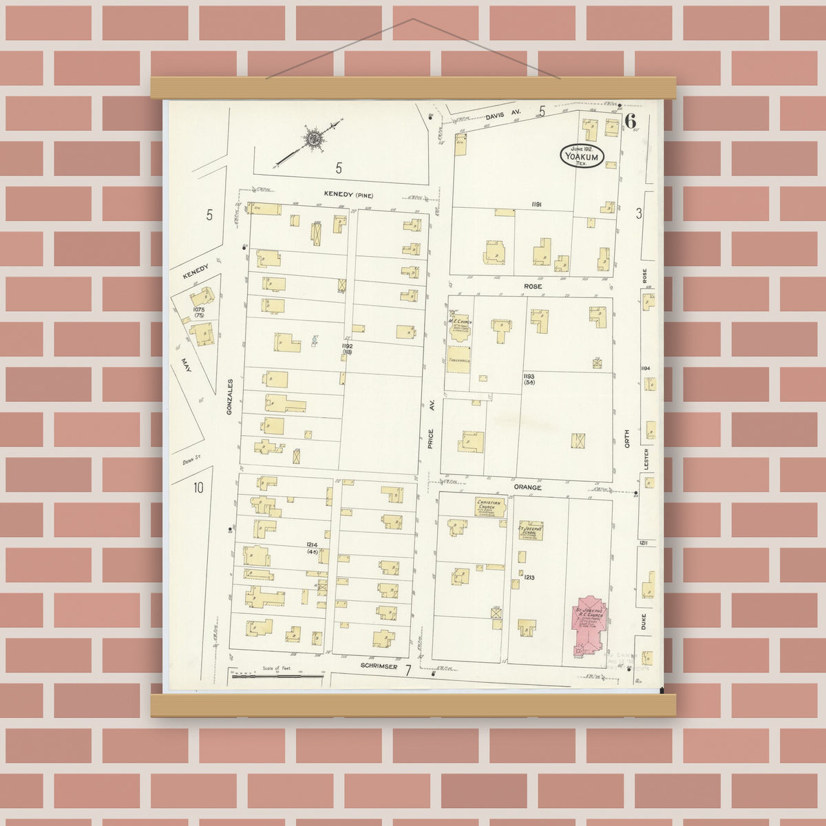 Old map wall art mockup — magnetic wood frame on brick wall — Sanborn Fire Insurance Map from Yoakum, De Witt And Lavaca Counties, Texas (1912), Sheet #0006