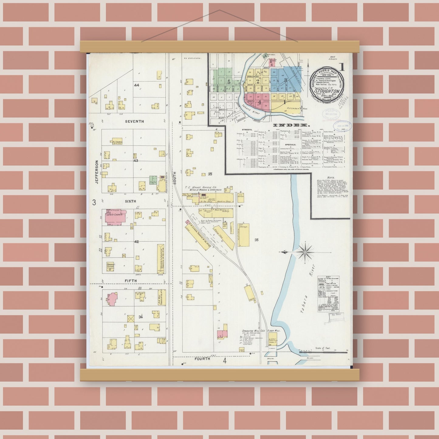 Old map wall art mockup — magnetic wood frame on brick wall — Sanborn Fire Insurance Map from Stoughton, Dane County, Wisconsin (1898) - Complete Map Set