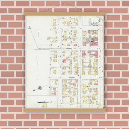 Old map wall art mockup — magnetic wood frame on brick wall — Sanborn Fire Insurance Map from Aurora, Dearborn County, Indiana (1906), Sheet #0004
