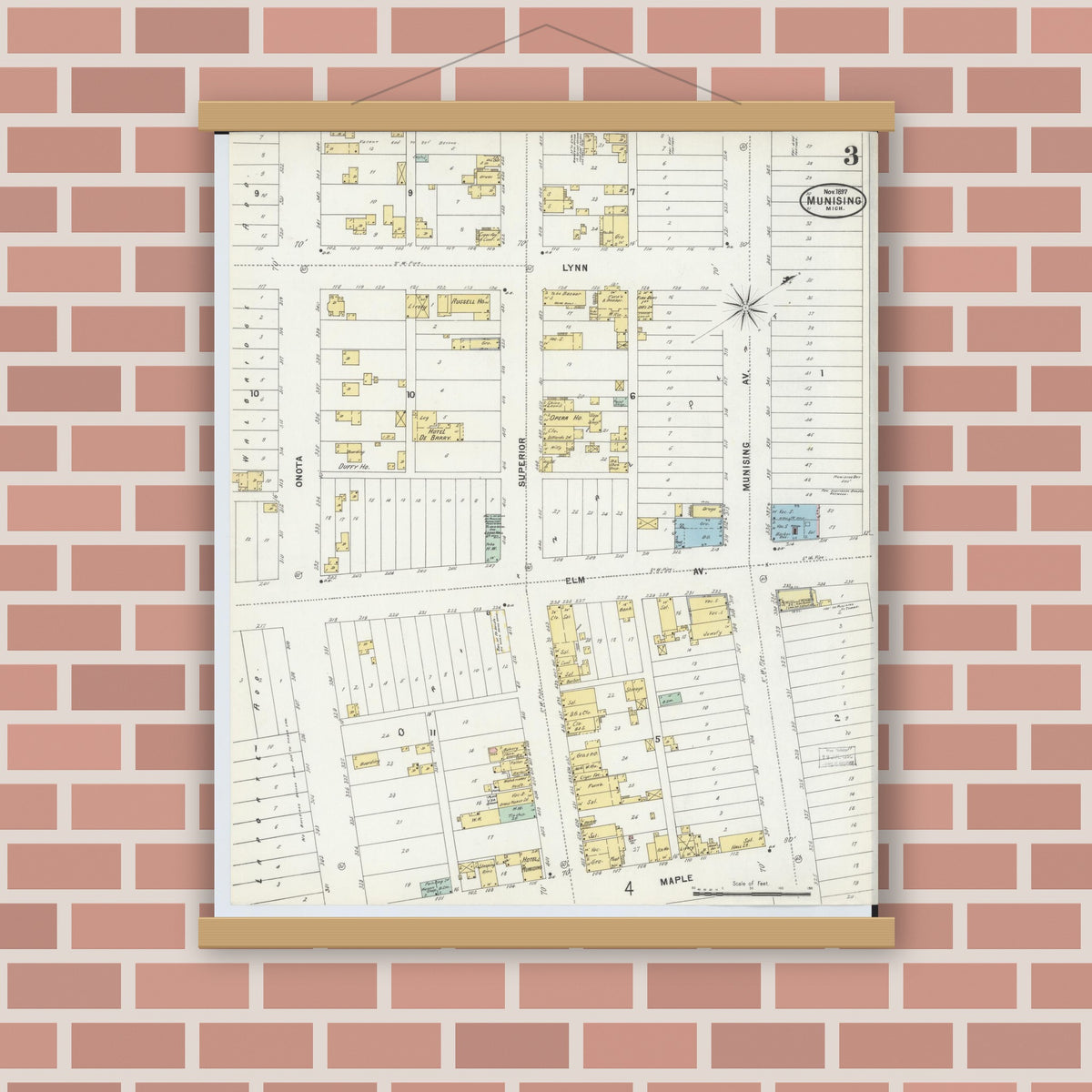 Old map wall art mockup — magnetic wood frame on brick wall — Sanborn Fire Insurance Map from Munising, Alger County, Michigan (1897), Sheet #0003