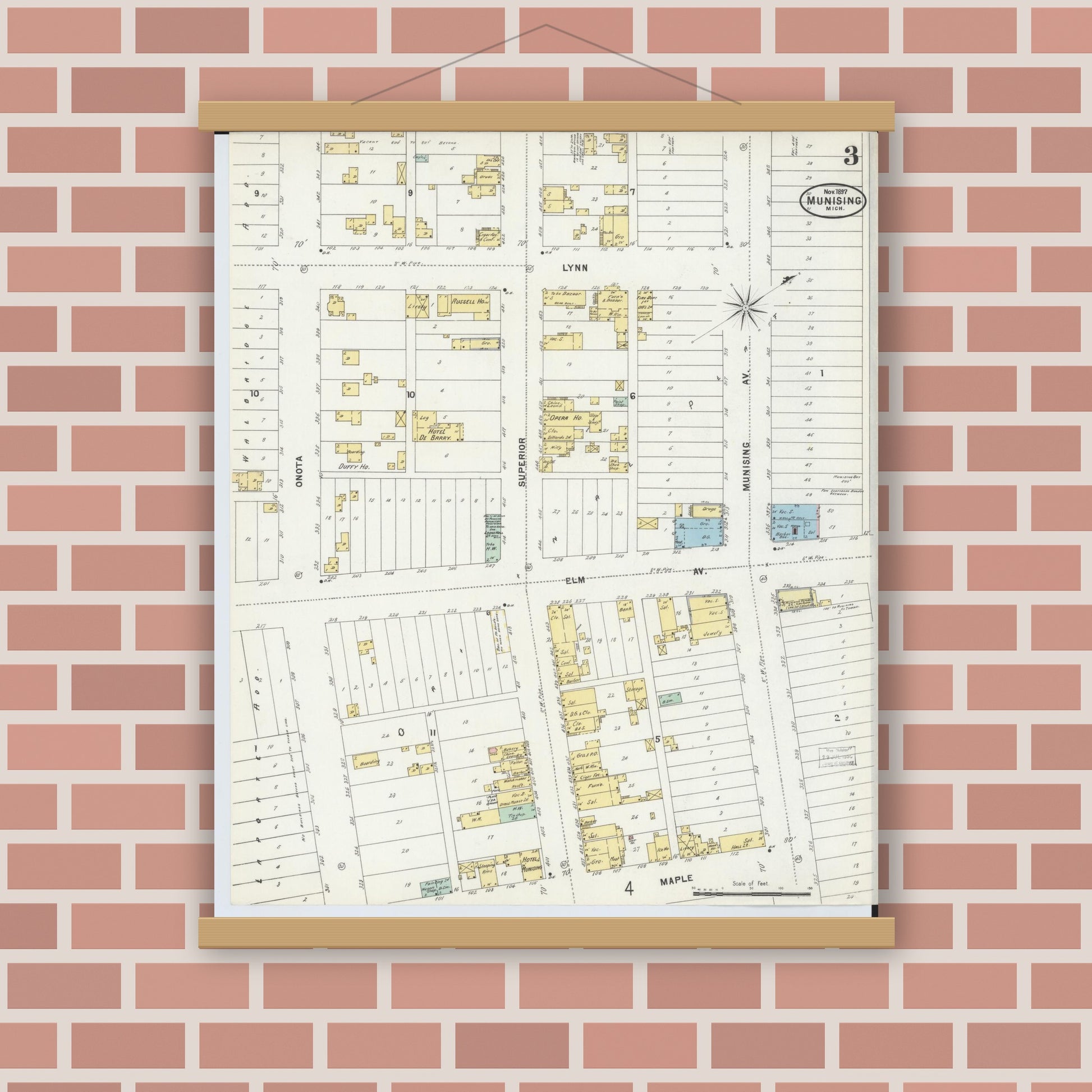Old map wall art mockup — magnetic wood frame on brick wall — Sanborn Fire Insurance Map from Munising, Alger County, Michigan (1897), Sheet #0003