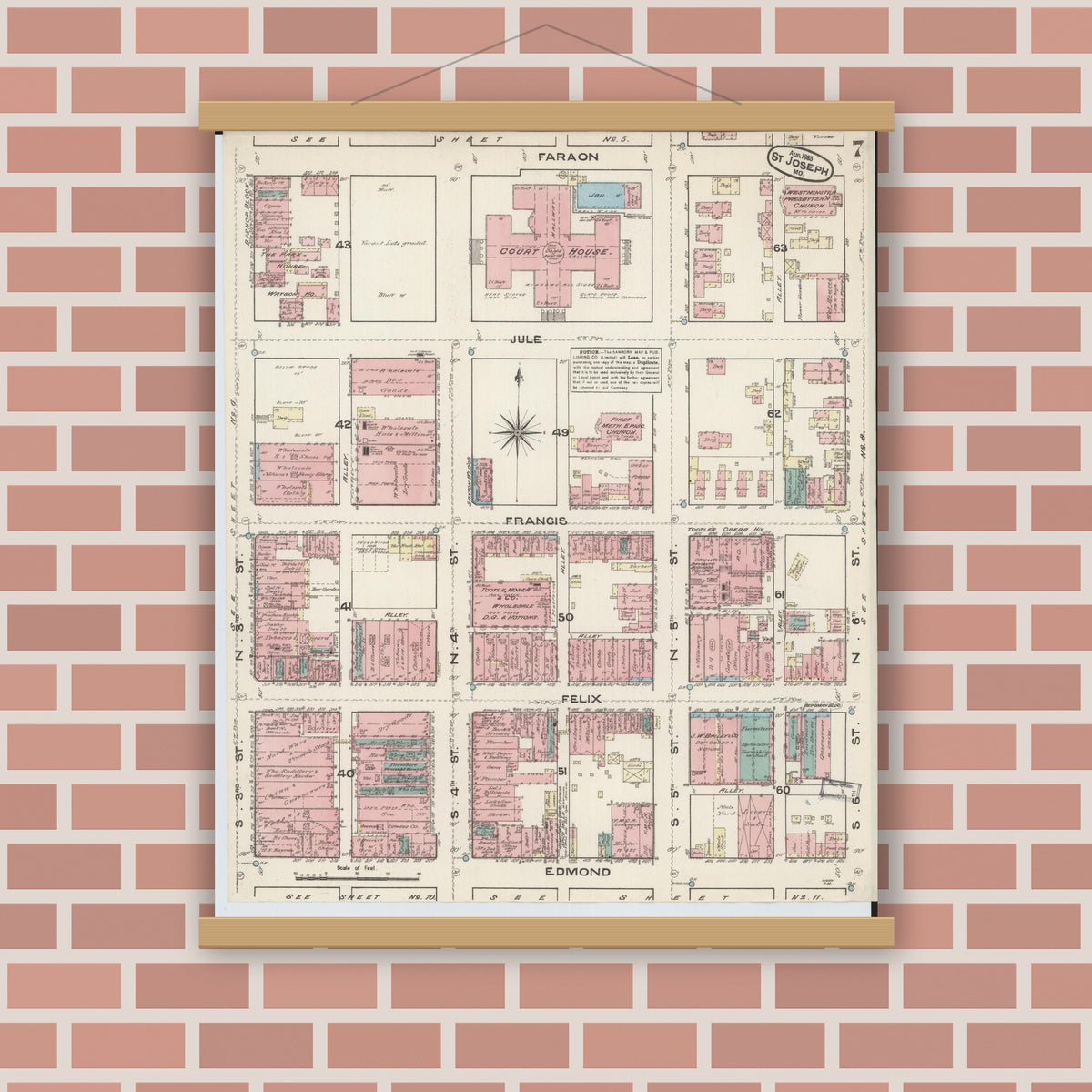Old map wall art mockup — magnetic wood frame on brick wall — Sanborn Fire Insurance Map from Saint Joseph, Buchanan County, Missouri (1883), Sheet #0007