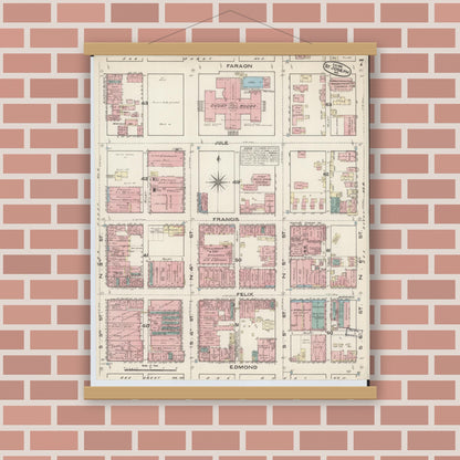 Old map wall art mockup — magnetic wood frame on brick wall — Sanborn Fire Insurance Map from Saint Joseph, Buchanan County, Missouri (1883), Sheet #0007