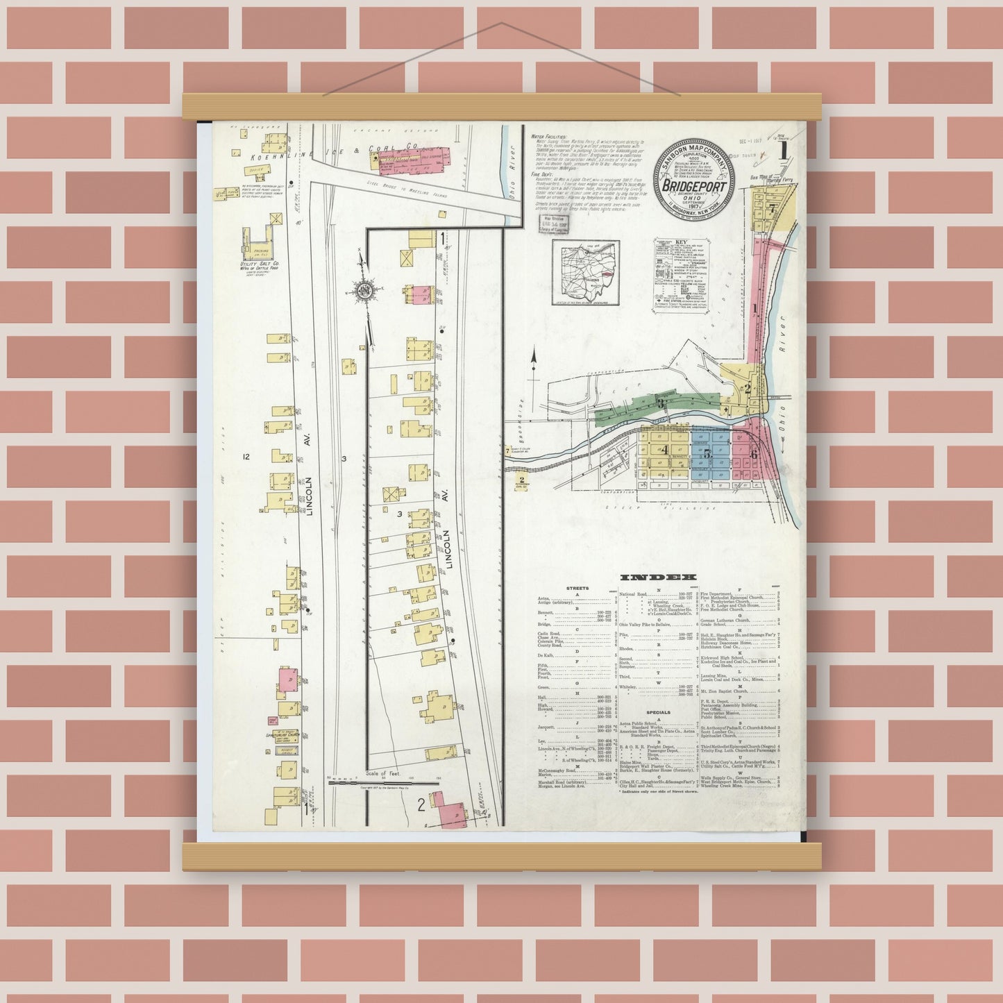 Old map wall art mockup — magnetic wood frame on brick wall — Sanborn Fire Insurance Map from Bridgeport, Belmont County, Ohio (1917) - Complete Map Set
