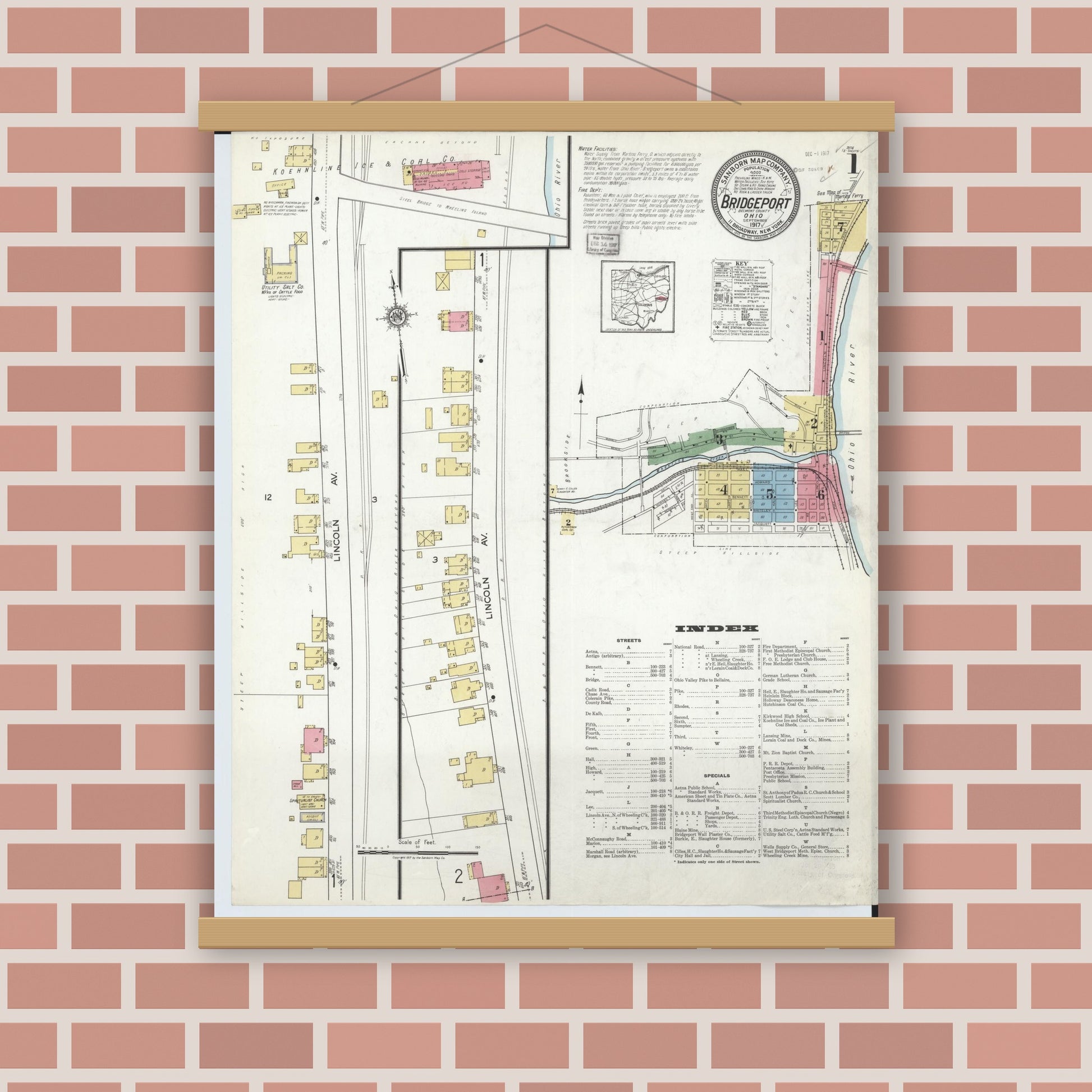 Old map wall art mockup — magnetic wood frame on brick wall — Sanborn Fire Insurance Map from Bridgeport, Belmont County, Ohio (1917) - Complete Map Set
