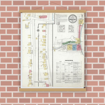 Old map wall art mockup — magnetic wood frame on brick wall — Sanborn Fire Insurance Map from Bridgeport, Belmont County, Ohio (1917) - Complete Map Set