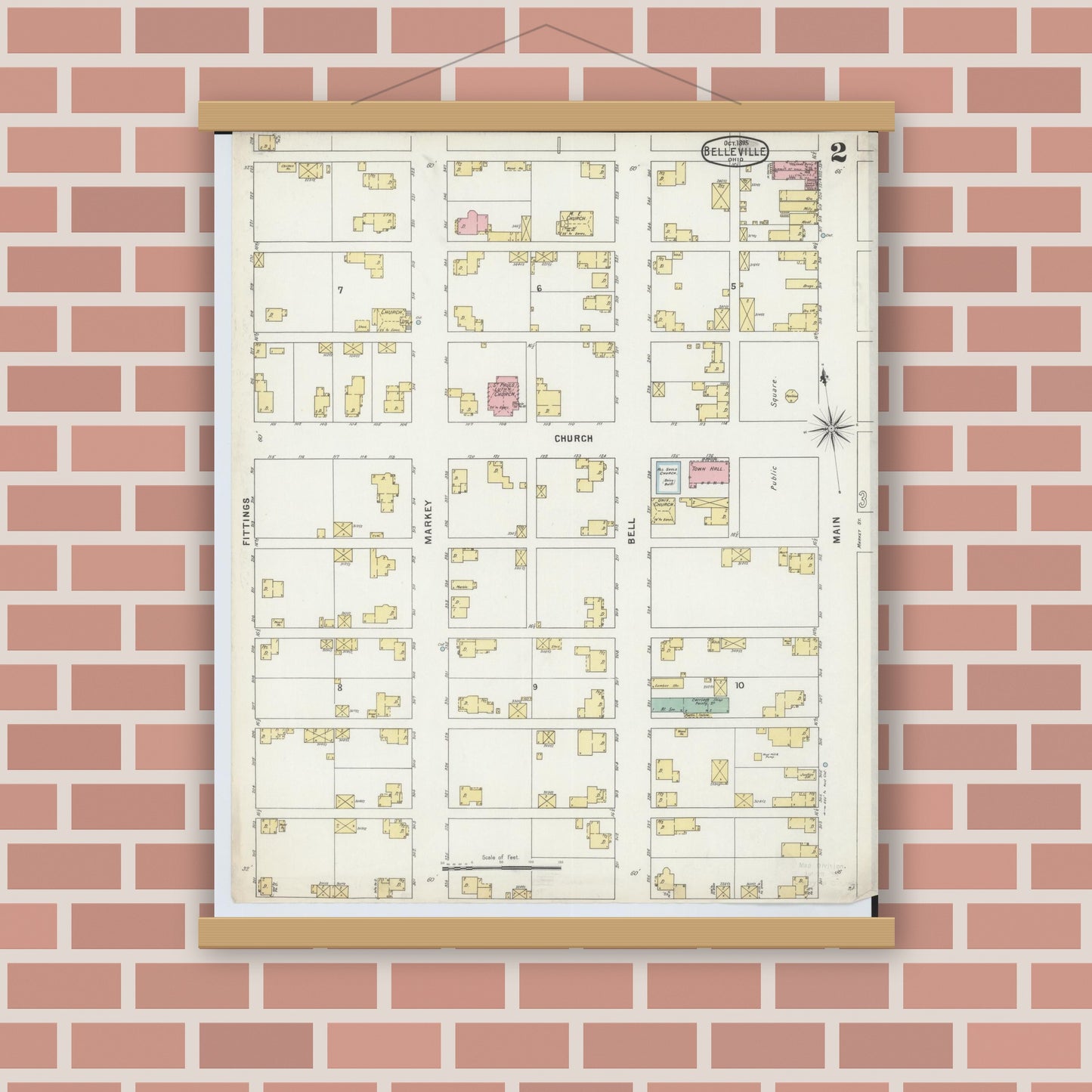 Old map wall art mockup — magnetic wood frame on brick wall — Sanborn Fire Insurance Map from Bellville, Richland County, Ohio (1895), Sheet #0002
