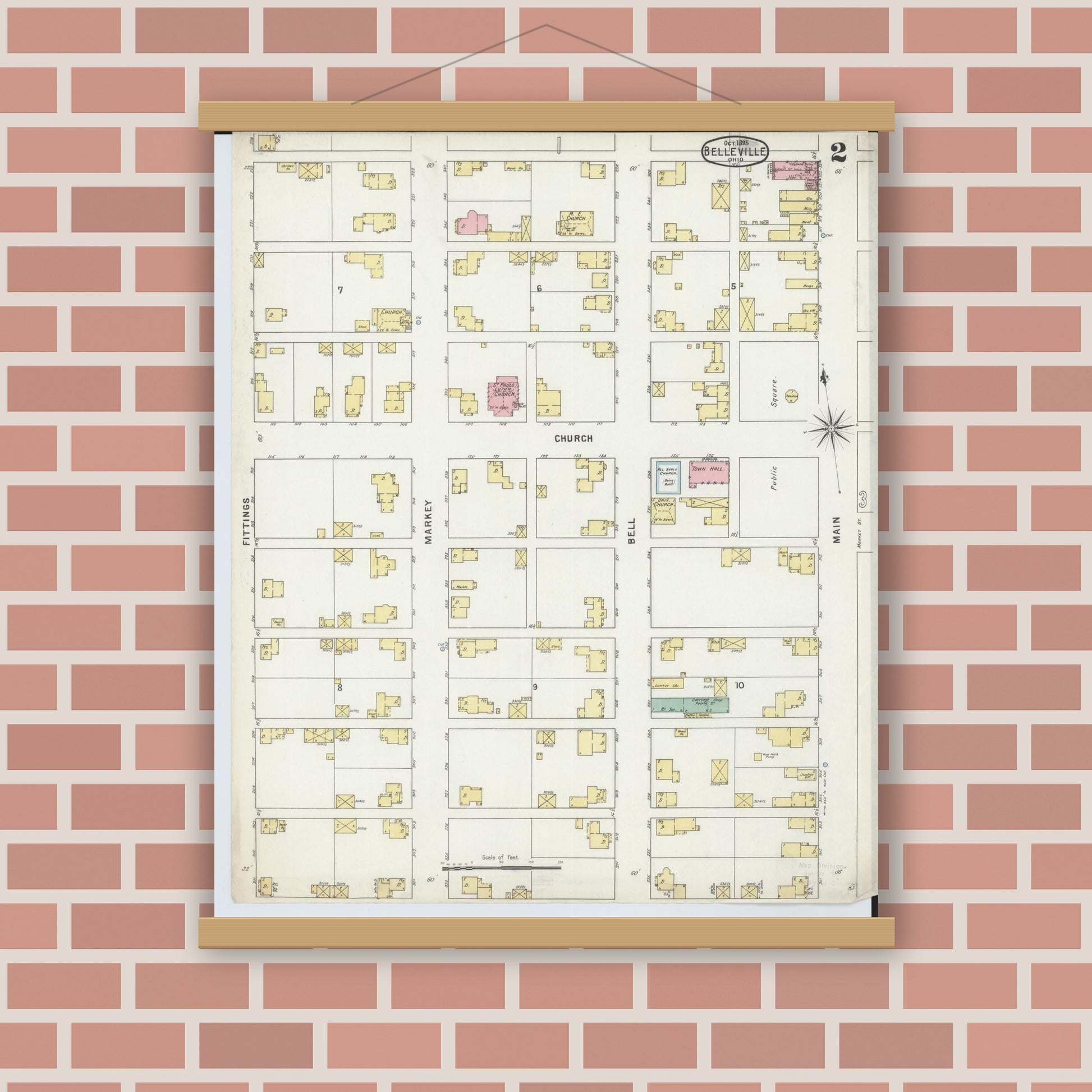 Old map wall art mockup — magnetic wood frame on brick wall — Sanborn Fire Insurance Map from Bellville, Richland County, Ohio (1895), Sheet #0002