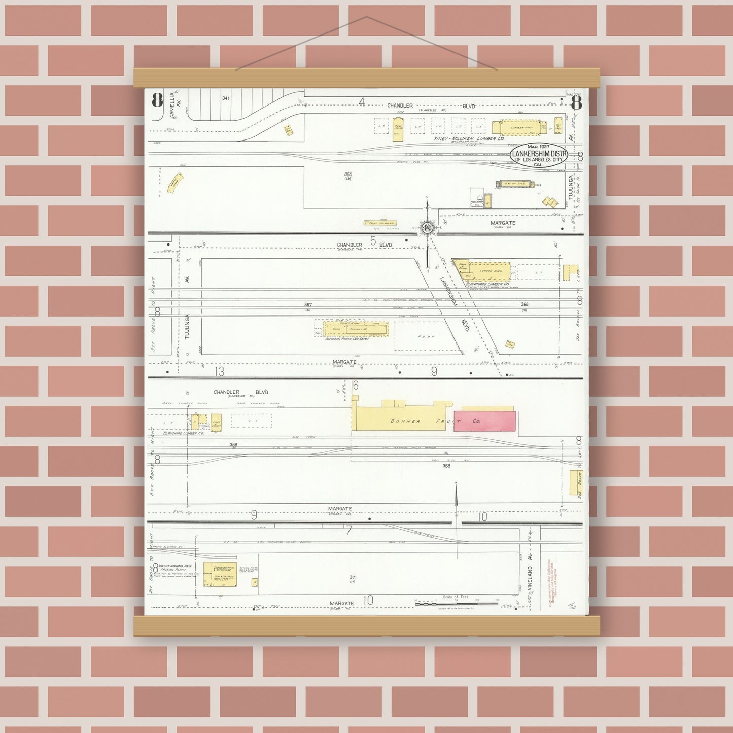 Old map wall art mockup — magnetic wood frame on brick wall — Sanborn Fire Insurance Map from Lankershim, Los Angeles County, California (1927), Sheet #0008