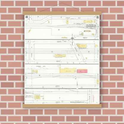 Old map wall art mockup — magnetic wood frame on brick wall — Sanborn Fire Insurance Map from Lankershim, Los Angeles County, California (1927), Sheet #0008