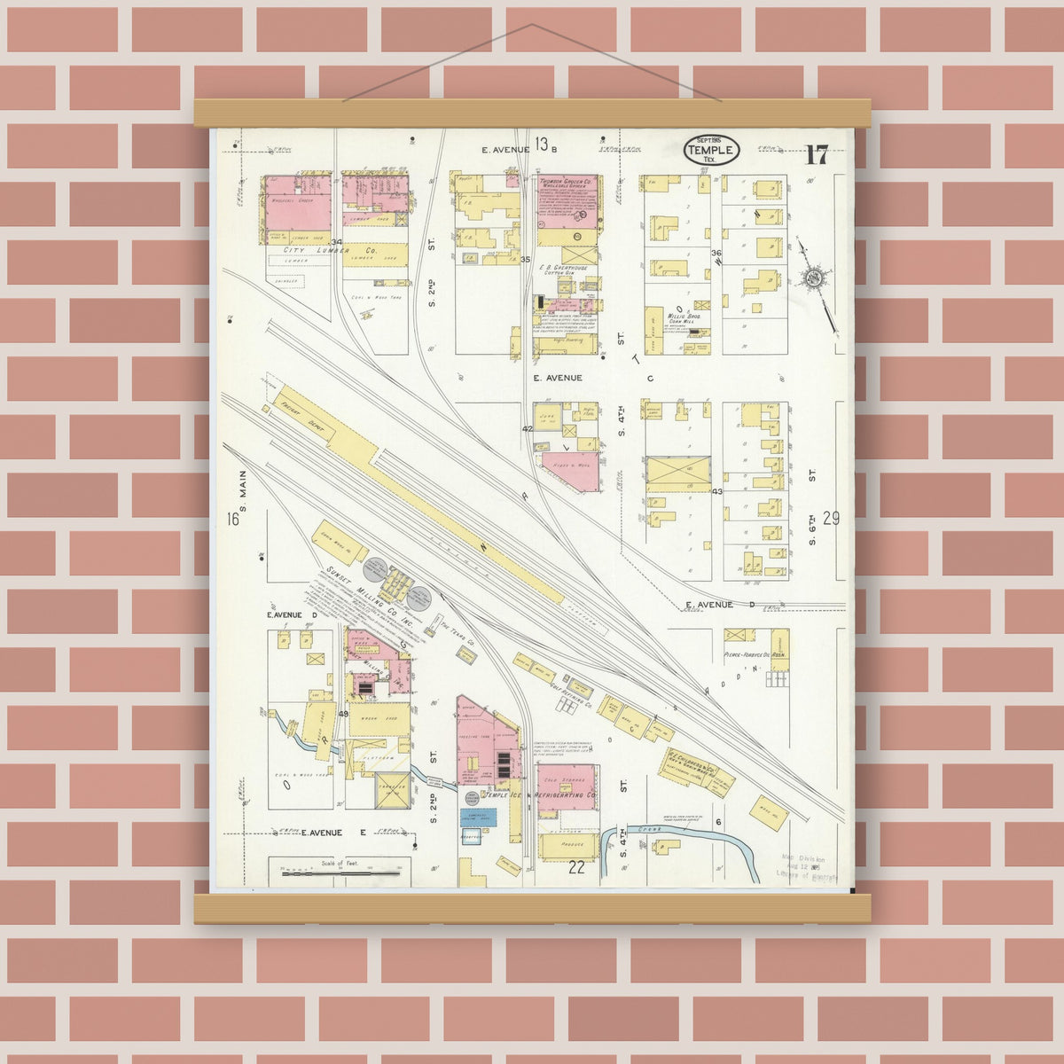 Old map wall art mockup — magnetic wood frame on brick wall — Sanborn Fire Insurance Map from Temple, Bell County, Texas (1915), Sheet #0017