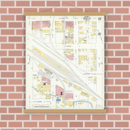Old map wall art mockup — magnetic wood frame on brick wall — Sanborn Fire Insurance Map from Temple, Bell County, Texas (1915), Sheet #0017