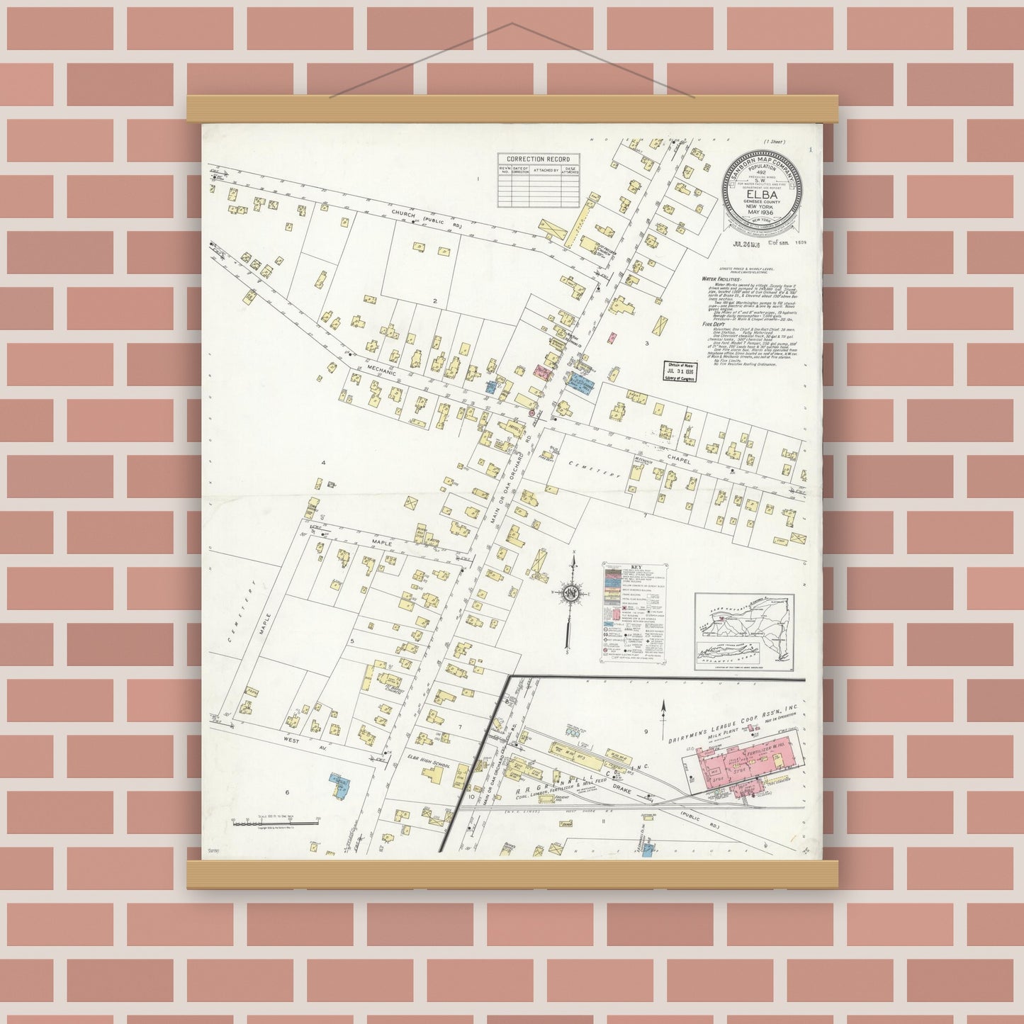 Old map wall art mockup — magnetic wood frame on brick wall — Sanborn Fire Insurance Map from Elba, Genesee County, New York (1936), Sheet #0001