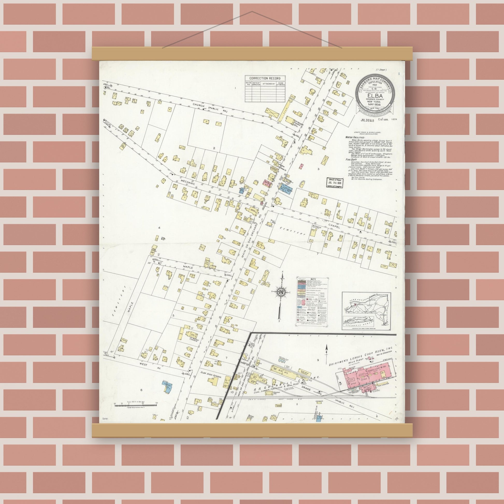 Old map wall art mockup — magnetic wood frame on brick wall — Sanborn Fire Insurance Map from Elba, Genesee County, New York (1936), Sheet #0001