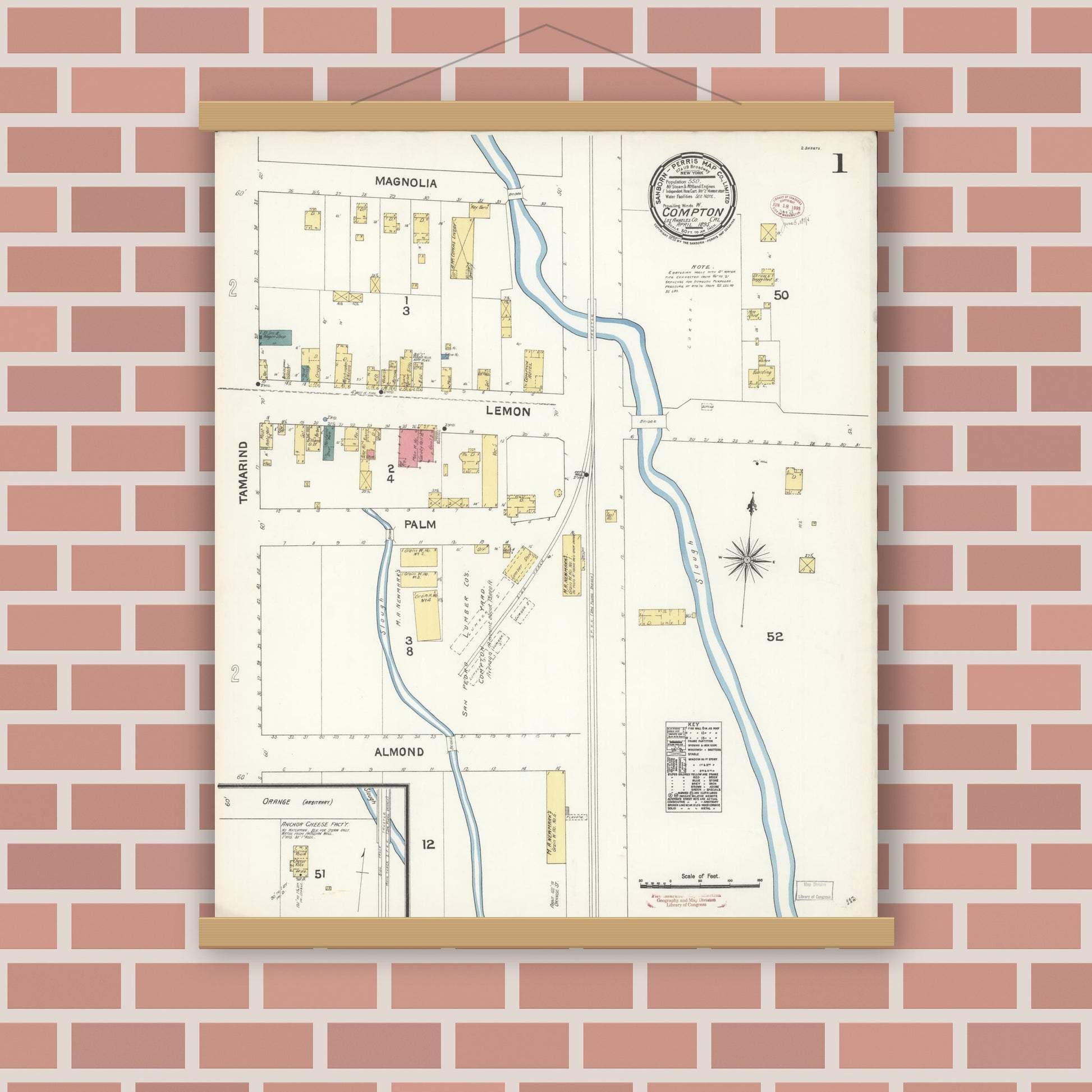 Old map wall art mockup — magnetic wood frame on brick wall — Sanborn Fire Insurance Map from Compton, Los Angeles County, California (1895) - Complete Map Set