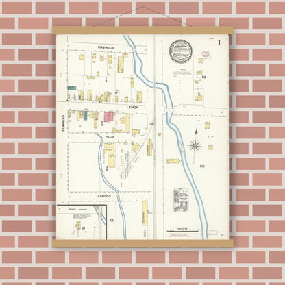 Old map wall art mockup — magnetic wood frame on brick wall — Sanborn Fire Insurance Map from Compton, Los Angeles County, California (1895) - Complete Map Set