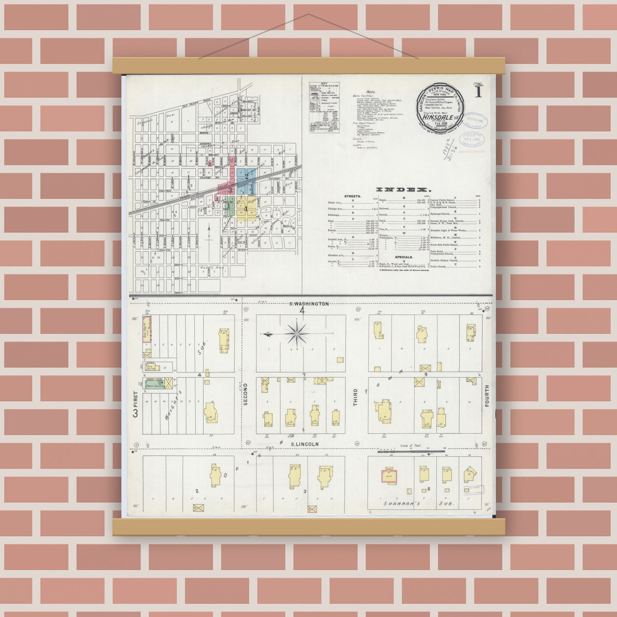Old map wall art mockup — magnetic wood frame on brick wall — Sanborn Fire Insurance Map from Hinsdale, Du Page And Cook Counties, Illinois (1898) - Complete Map Set
