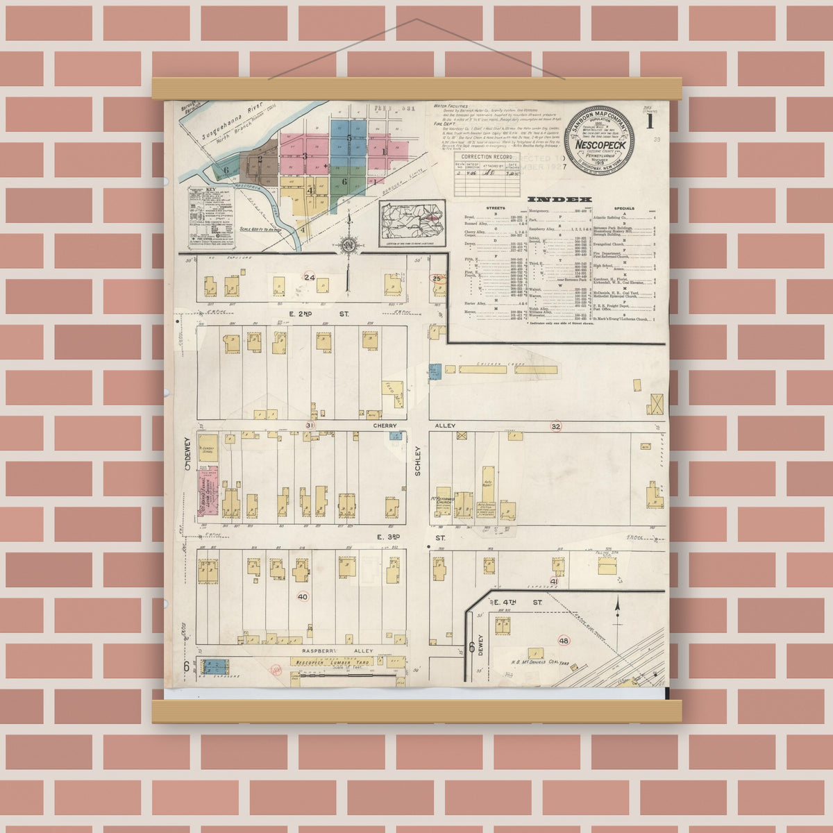 Old map wall art mockup — magnetic wood frame on brick wall — Sanborn Fire Insurance Map from Nescopeck, Luzerne County, Pennsylvania (1936), Sheet #0001