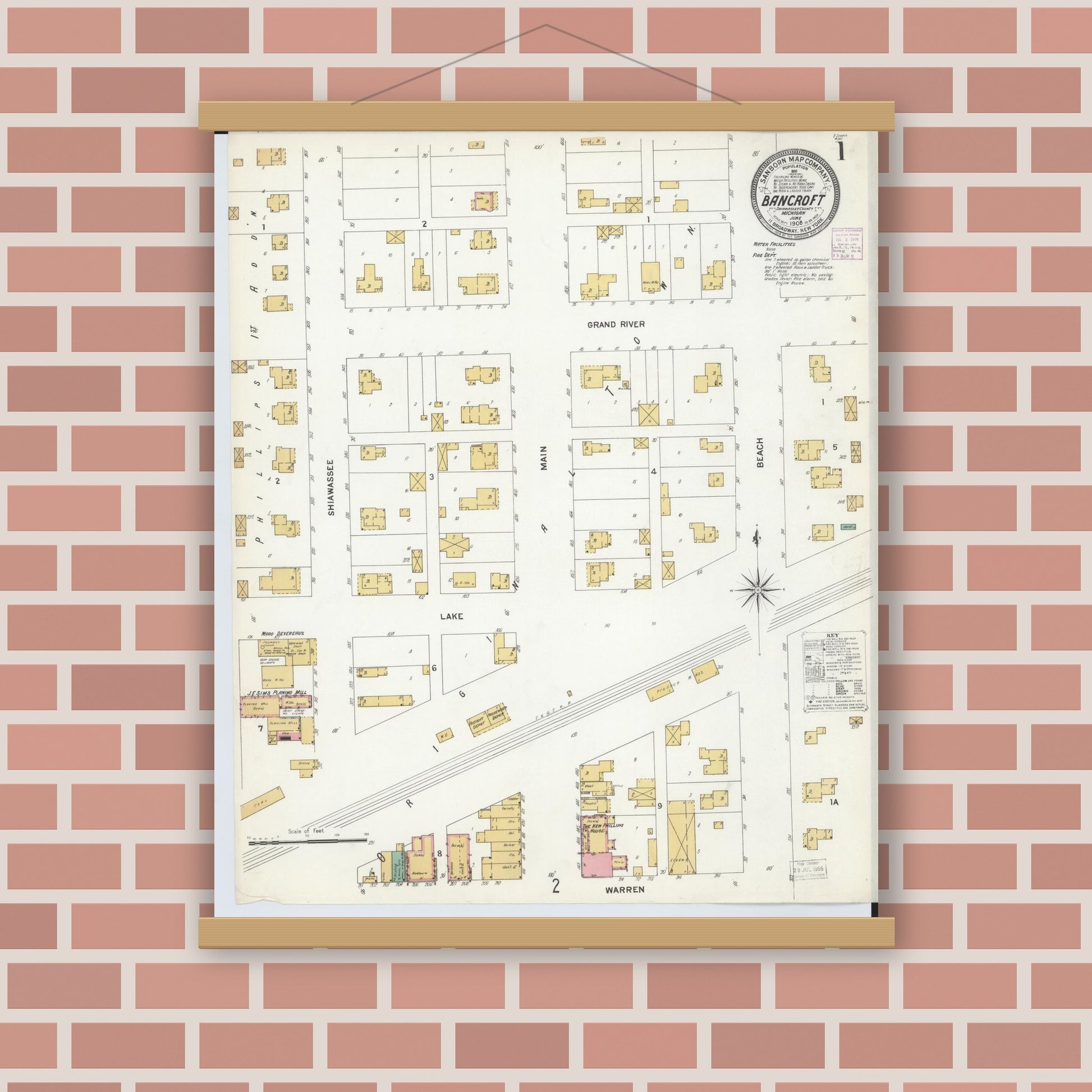 Old map wall art mockup — magnetic wood frame on brick wall — Sanborn Fire Insurance Map from Bancroft, Shiawassee County, Michigan (1908), Sheet #0001