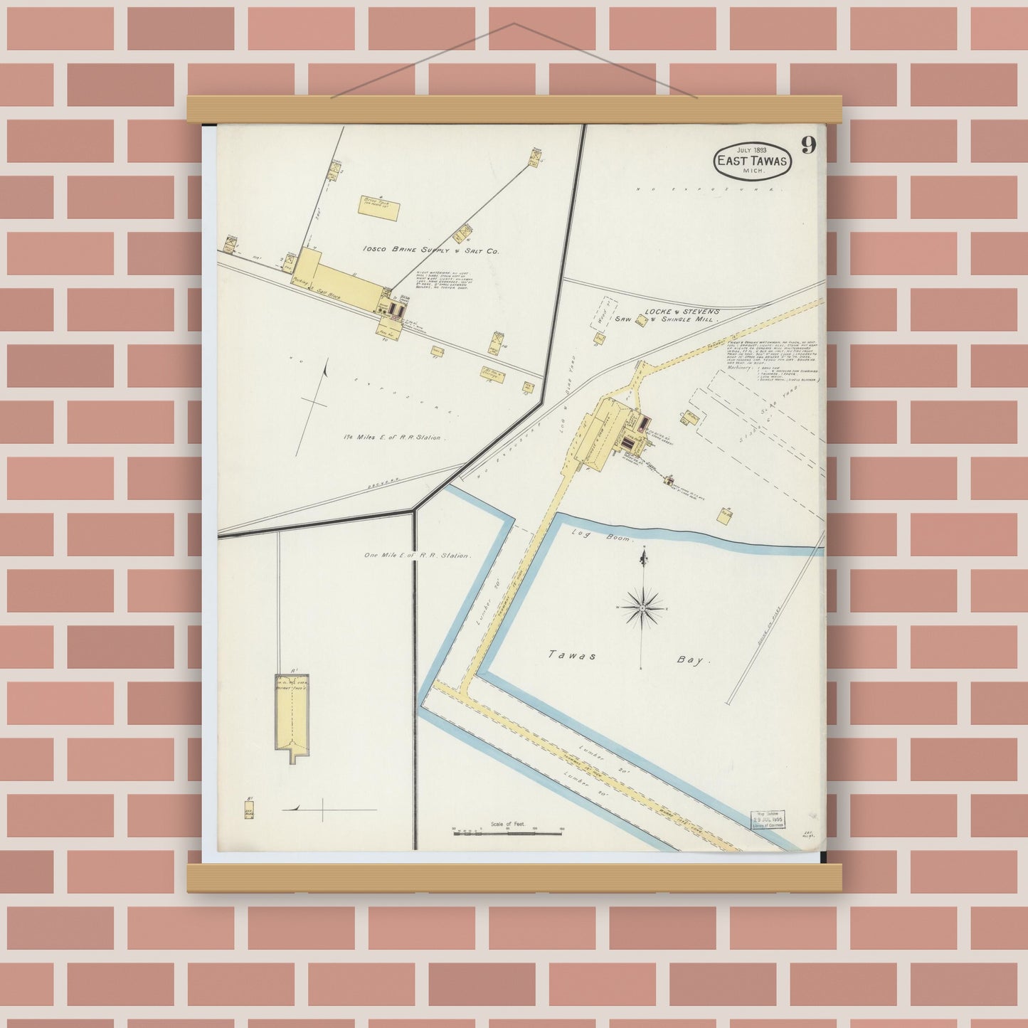 Old map wall art mockup — magnetic wood frame on brick wall — Sanborn Fire Insurance Map from East Tawas, Iosco County, Michigan (1893), Sheet #0009