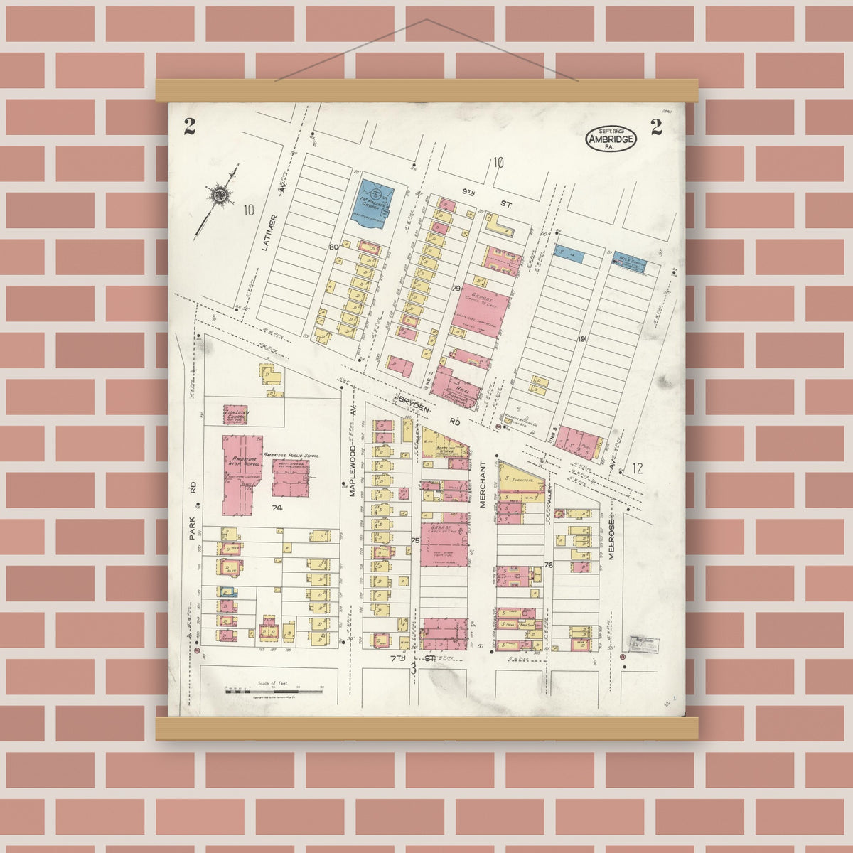 Old map wall art mockup — magnetic wood frame on brick wall — Sanborn Fire Insurance Map from Ambridge, Beaver County, Pennsylvania (1923), Sheet #0002