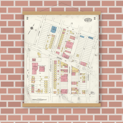 Old map wall art mockup — magnetic wood frame on brick wall — Sanborn Fire Insurance Map from Ambridge, Beaver County, Pennsylvania (1923), Sheet #0002