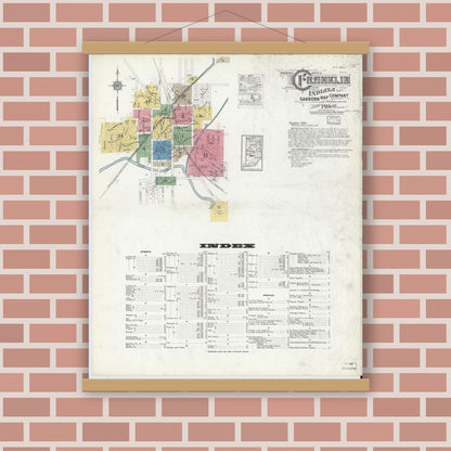 Old map wall art mockup — magnetic wood frame on brick wall — Sanborn Fire Insurance Map from Franklin, Johnson County, Indiana (1916) - Complete Map Set