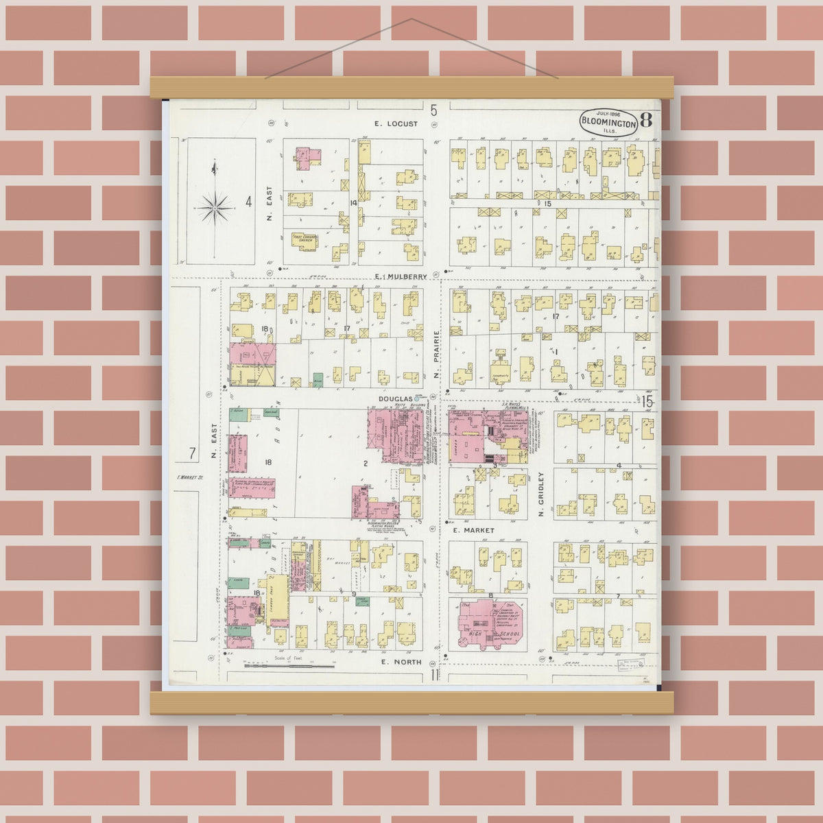 Old map wall art mockup — magnetic wood frame on brick wall — Sanborn Fire Insurance Map from Bloomington, McLean County, Illinois (1896), Sheet #0008