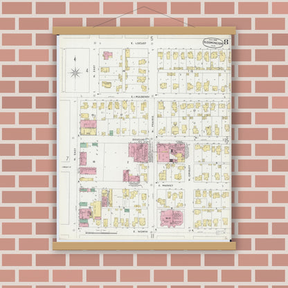 Old map wall art mockup — magnetic wood frame on brick wall — Sanborn Fire Insurance Map from Bloomington, McLean County, Illinois (1896), Sheet #0008