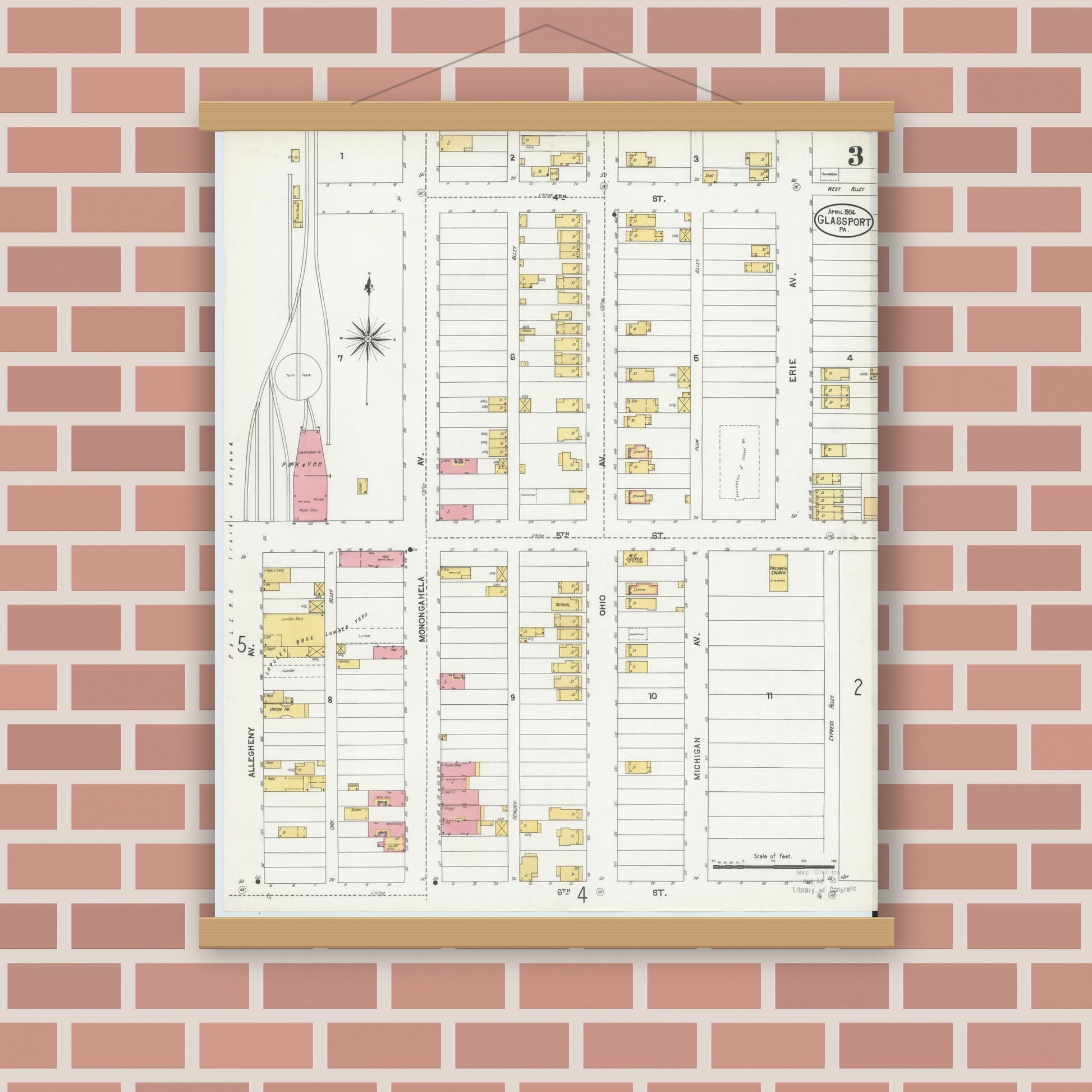 Old map wall art mockup — magnetic wood frame on brick wall — Sanborn Fire Insurance Map from Glassport, Allegheny County, Pennsylvania (1904), Sheet #0003
