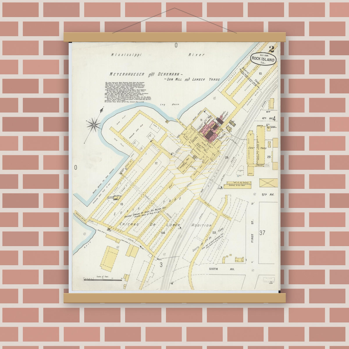Old map wall art mockup — magnetic wood frame on brick wall — Sanborn Fire Insurance Map from Rock Island, Rock Island County, Illinois (1898), Sheet #0002