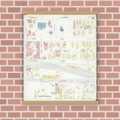 Old map wall art mockup — magnetic wood frame on brick wall — Sanborn Fire Insurance Map from Ionia, Ionia County, Michigan (1907), Sheet #0006