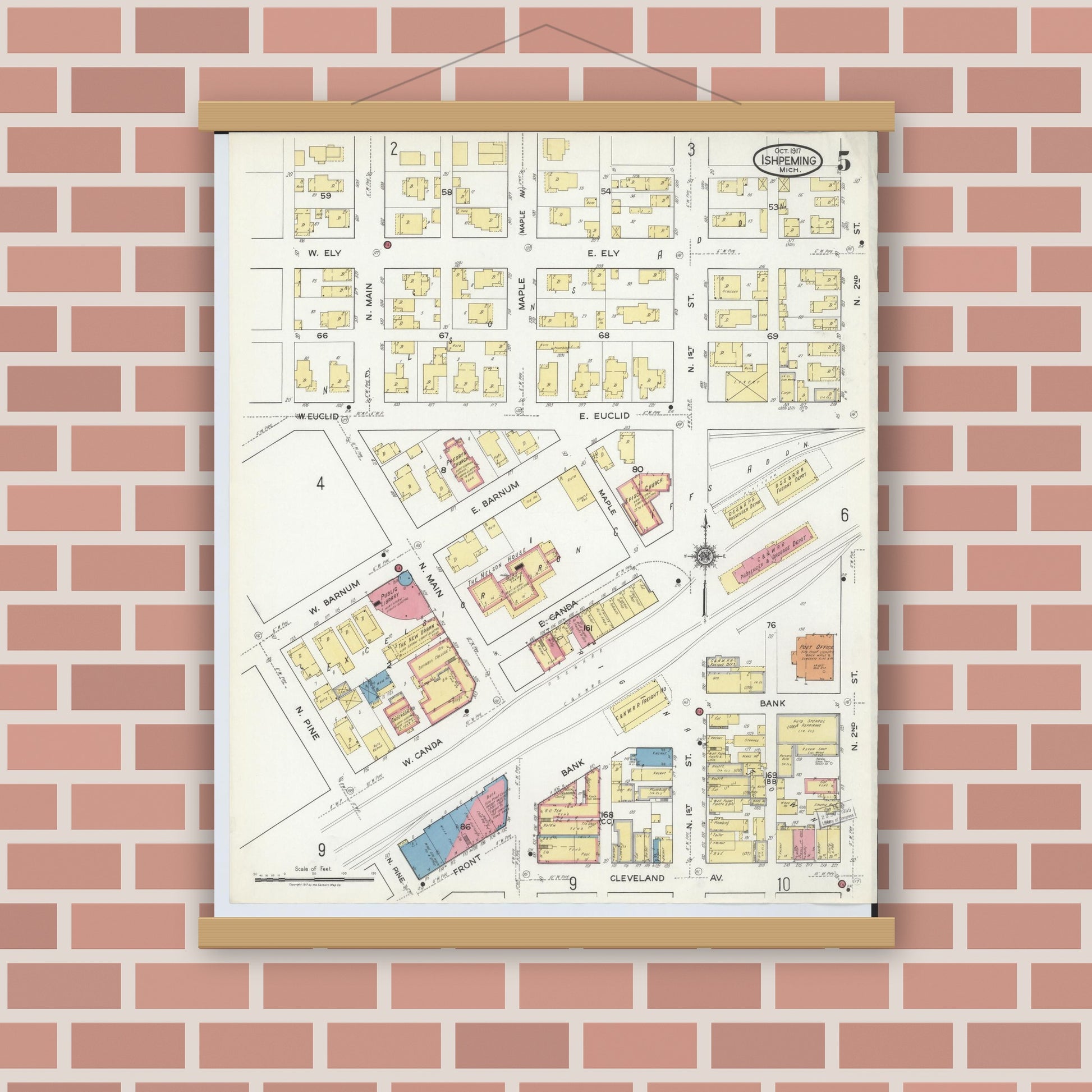 Old map wall art mockup — magnetic wood frame on brick wall — Sanborn Fire Insurance Map from Ishpeming, Marquette County, Michigan (1917), Sheet #0005