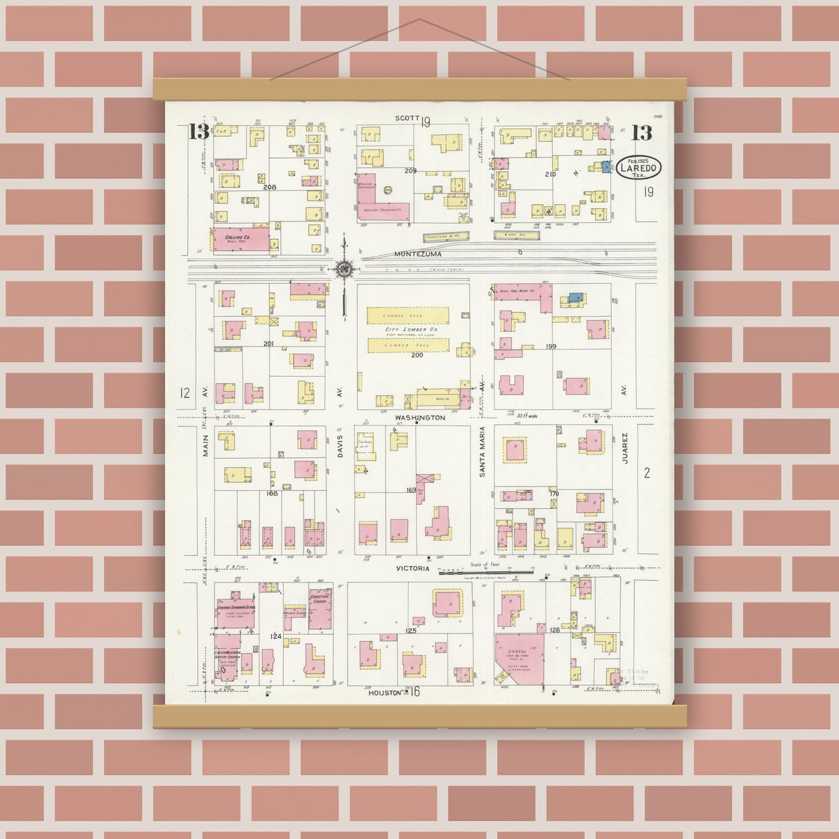 Old map wall art mockup — magnetic wood frame on brick wall — Sanborn Fire Insurance Map from Laredo, Webb County, Texas (1925), Sheet #0013
