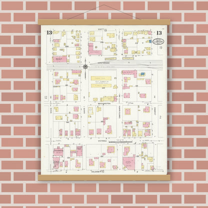 Old map wall art mockup — magnetic wood frame on brick wall — Sanborn Fire Insurance Map from Laredo, Webb County, Texas (1925), Sheet #0013